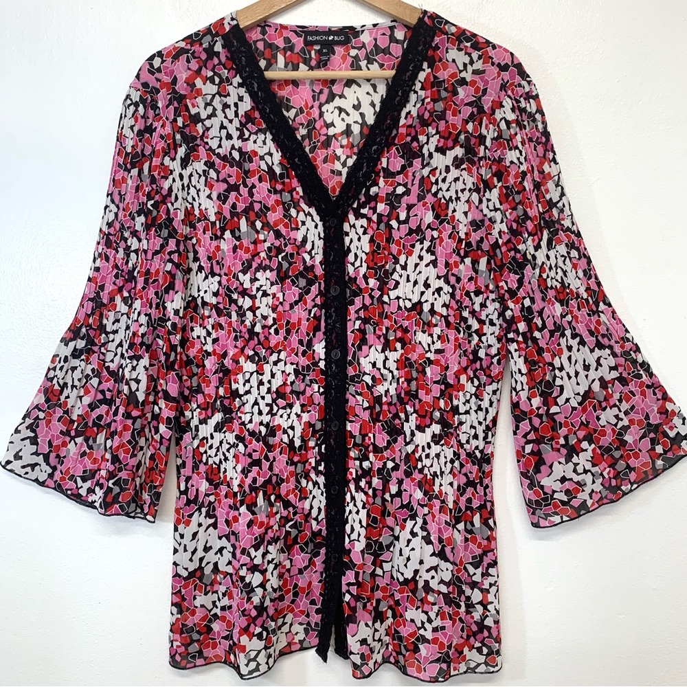 Fashion Bug Micro Pleats Button Front Blouse Woman XL Pink Bell Sleeve Feminine